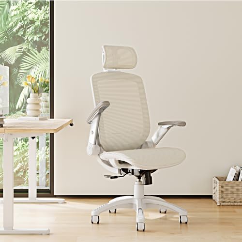 GABRYLLY Ergonomic Office Chair, High Back Home Desk Chair with 2D Flip-Up Arms, 3D Headrest, 90-120° Tilt and Wide Cushion, Big and Tall Mesh Chairs for Man Woman, Computer Task Chair Beige - color: White Frame Beige Mesh