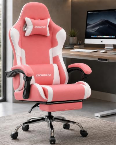 Dowinx Ergonomic Gaming Chair with Footrest & Massage Lumbar, 2D-Linkage Armrests for Computer Chair 330lbs with Headrest Pillow for Office, Home, Streaming and Long Gaming Sessions, Fabric Pink White - color: Pink White