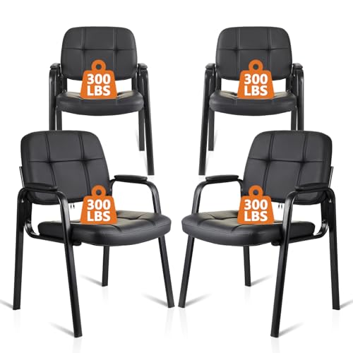 CLATINA Waiting Room Guest Chair, Leather Stationary Office Reception Chairs No Wheel, Comfy Padded Arms, for Conference Room Lobby Home Computer Desk Bedroom Elderly, Black 4 Pack - color: Black, size: 4 Pack