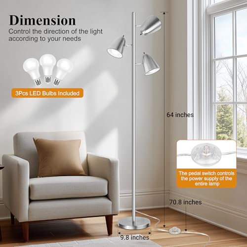 QiMH Tree Floor Lamp with 3 Light Bulbs, Standing Tall Pole Lamps for Living Room Bedroom Office, Reading Stand up Lamps with 3 Adjustable Arms,Brushed Nickel - color: Brushed Silver