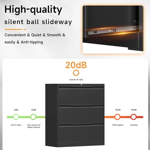 Bestoo 3 Drawer File Cabinet, Metal Lateral Filing Cabinet with Lock - color: Black, size: 3 Drawer 15.7"D x 35.4"W x 40"H