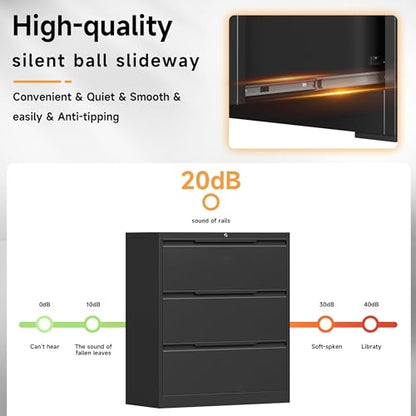 Bestoo 3 Drawer File Cabinet, Metal Lateral Filing Cabinet with Lock - color: Black, size: 3 Drawer 15.7"D x 35.4"W x 40"H