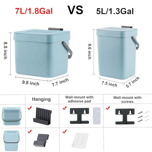 LALASTAR Kitchen Compost Bin, Hanging Trash Can with Lid for Kitchen Cabinet Door, Under Sink, Wall Mounted Waste Bin for Bathroom, 1.8 Gallon, Blue - color: Blue