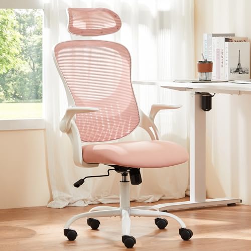 Sweetcrispy Home Office Chair, High Back Office Chair, Lumbar Support, Pink | Mesh with Adjustable Headrest, Comfortable Flip-up Armrest for Bedroom Study Student Executive - color: Pink, size: 20.08"D&High Back&Flip-up Arm