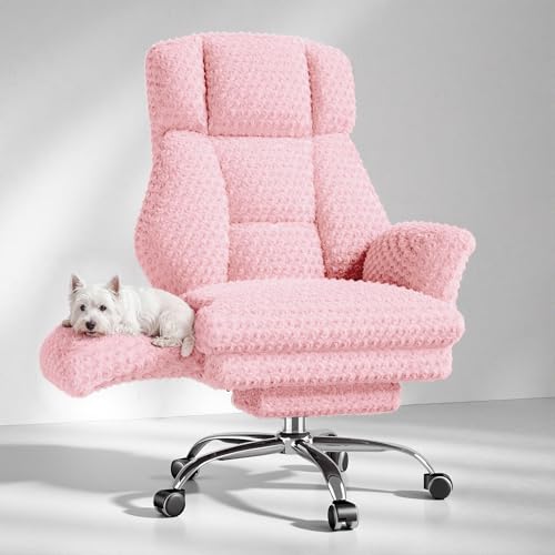 Big and Tall Office Chair, Flip Armrests for Pets & Cross Legged Sitting | Executive Ergonomic Computer Gaming Chair with Foot Rest, Rose Velvet Pink Wide Seat Reclining Desk Chair - color: Pink Rose Velvet