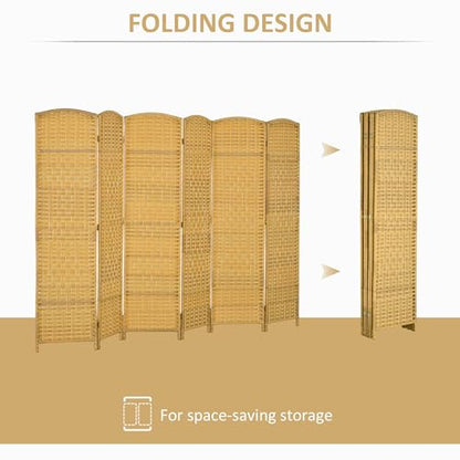 HOMCOM 6 Panel Room Divider, 6' Tall Folding Privacy Screen, Hand-Woven Freestanding Wall Partition for Home Office, Bedroom, Nature Wood - color: Natural Wood, size: 6 Panel