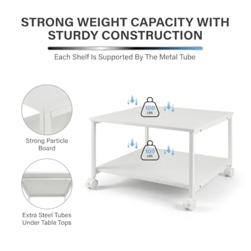 2-Tier Under Desk Printer Stand, 19.5" x 19.5" Large Rolling Printer Cart - color: White, size: 2-Tier