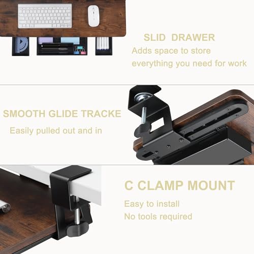 Keyboard Tray Under Desk with Drawer,26.77" X 11.81"Large Size Keyboard Tray with C Clamp-on Mount, Easy to Install, for Home Office (Mahogany) - color: Mahogany