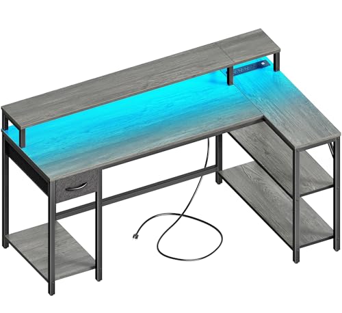 SUPERJARE 53 inch Reversible L Shaped Desk with LED Lights & Power Outlets, Computer Desk with Shelves & Monitor Stand, Gaming Desk with Drawer, Home Office Desk Corner Desk, Grey - color: Grey, size: 53 inch