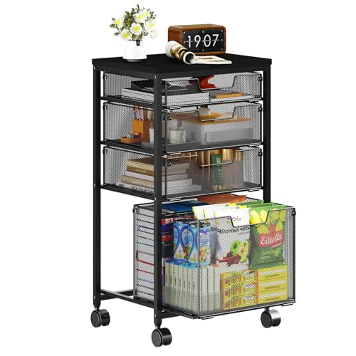 Sbanmao 4 Drawers Rolling Storage Cart, 1 Large Drawer (11.22"D x 12.2"W x 9.84"H) & 3 Small Drawers, Rolling Storage Cart with Lockable Wheels, Craft Storage Cart for Bedroom, Office, Black - color: Black, size: 4 Drawers