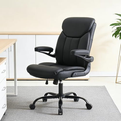 Ergonomic Home Office Chair PU Leather Comfy Computer Chair, Black | Flip-up Armrest, Height Adjustable, Lumbar Support, 360° Swivel Wheels Managerial Executive Chairs for Work Gaming Home Use - color: Black