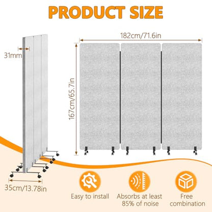 Soundproof Room Divider with Wheels, 66in Acoustic Room Divider Panel, 3 Panel Office Partition Wall for Noise Cancelling, Portable Temporary Wall Cubicle Divider (Light Grey) - color: Light Grey