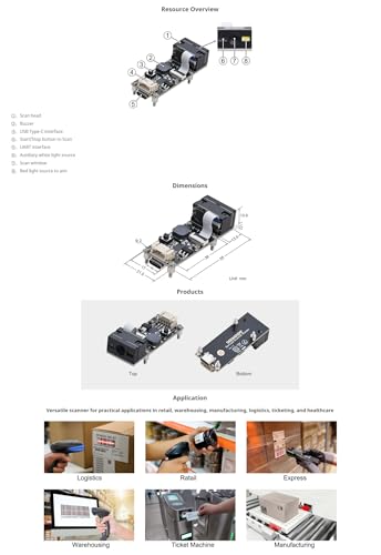 Embedded 1D 2D Barcode Scanner Module, QR Code Reader with USB Type-C & TTL UART Interface, Fast Decoding on Screen & Paper, for Arduino Raspberry Pi POS Kiosk ATM Integration