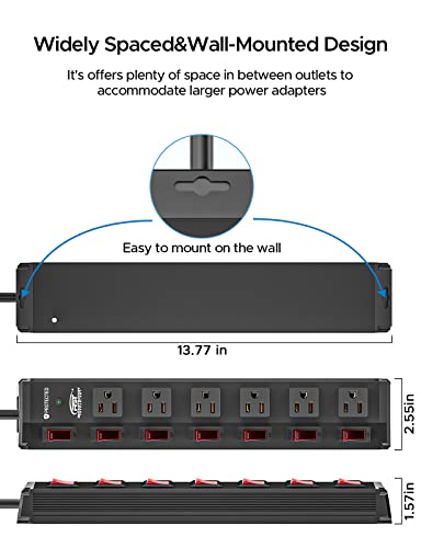 CRST 6-Outlet Metal Power Strip with Individual Switches, 15A/1875W, 6FT - color: Black, size: 6FT