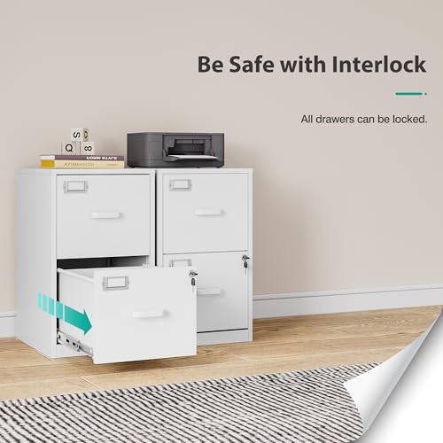2 Drawer File Cabinet with Lock,Narrow Vertical Filing Cabinet,Under Desk File Cabinets,White Metal File Cabinets for Home Office,Fit Letter/A4/Legal Size File,Easy Assembly - color: White, style: 2 Drawer