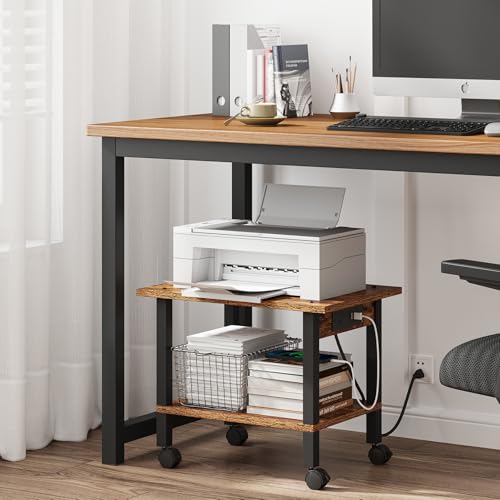 TUTOTAK Printer Stand, 2 Tier Rolling Printer Cart with Charging Station | Small Under Desk Printer Table with Wheels for Small Space, Office, Home, Brown PS01BB001P - color: Brown, size: 2 tier(18.9 x 11.8 x 15.4inchs)