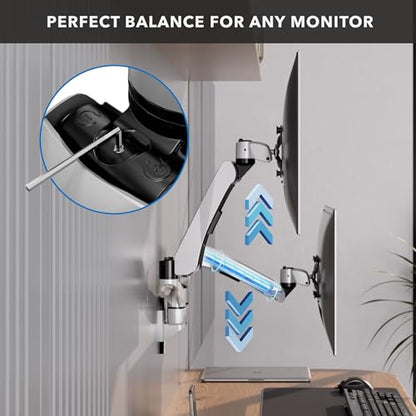 Mount-It! CLiX Dual Monitor Wall Mount, Gas Spring, Silver | TAA-compliant arms for 2 monitors 13-32" up to 19.8 lbs each, VESA 75/100, effortless height adjustable aluminum.