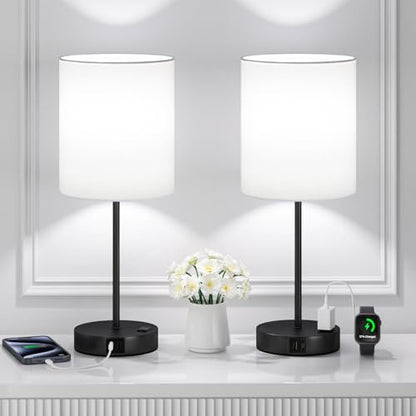 White Black Touch Lamps for Bedroom Set of 2, Dimmable, USB C+A, AC Outlet | Large 17.6" Tall Lamp, 3-Way Dimming, 5000K Daylight Bulbs, White Lampshade Black Base, for Living Room, Boys, Men, Girls - color: White - Black