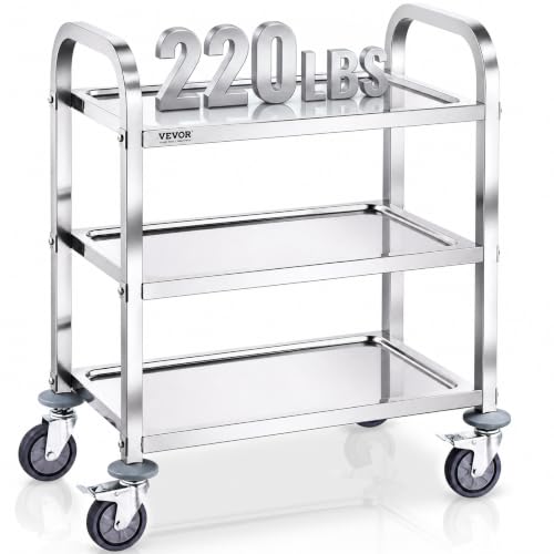 VEVOR Stainless Steel Cart, 3 Layers Lab Utility Cart 220 lbs Weight Capacity, Medical Cart with Lockable Universal Wheels, for Lab, Clinic, Kitchen, Salon