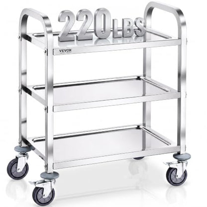 VEVOR Stainless Steel Cart, 3 Layers Lab Utility Cart 220 lbs Weight Capacity, Medical Cart with Lockable Universal Wheels, for Lab, Clinic, Kitchen, Salon