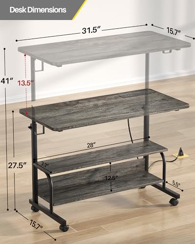 Armocity 32" Rolling Standing Desk with Charging Station for Couch Bed - color: Grey Oak, size: 32''