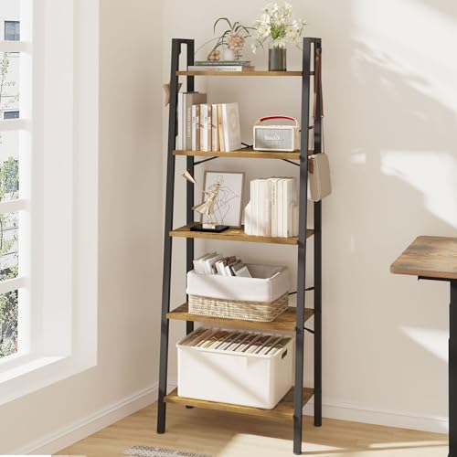 Hzuaneri Ladder Shelf, Bookshelf, Freestanding Corner Storage Shelf | Bookcase with 2 Hooks for Office, Living Room, Kitchen, Bedroom, Industrial, 11.8"D x 23.6"W x 63"H, Rustic Brown BC19301B - color: Rustic Brown, size: 11.8"D x 23.6"W x 63"H