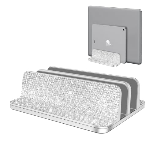 Bling Vertical Laptop Stand, Double Desktop Stand Holder with Adjustable Dock (Up to 17.3 inch),Compatible with All MacBook/Surface/Samsung/HP/Dell/Chrome Book (Silver Glitter Rhinestones)