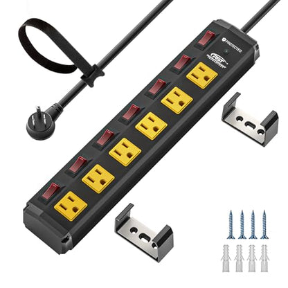 CRST 6 Outlet Metel Power Strip with Individual Switches 15A/1875W, 6FT - color: Yellow and Black, size: 6FT