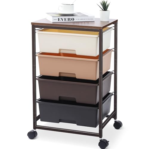 SYKIARIOL Utility Cart with 4 Drawers, Brown - color: Dark Brown, size: 4 Drawers