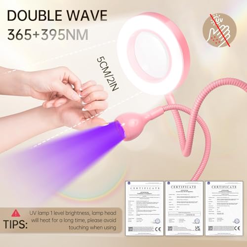 AORAEM LED UV Nail Lamp with Double-Head and 6X Magnifier, Pink | Gooseneck Lamp for Gel Nails, Flash Cure Lamp for Home DIY Salon - color: Magnifier-Pink