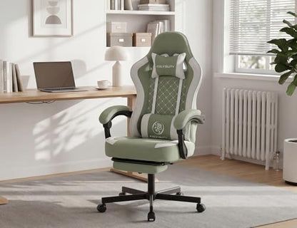 Office Desk Computer Gaming Chair for Adults, Ergonomic High Back Gamer Chair with Massage and Pocket Spring Cushion, Swivel Comfy Video Game Chairs with Footrest and Lumbar Support (Green White) - color: Base Green Fabric