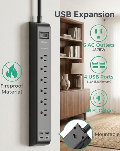 2 Pack Power Strips Surge Protector, 20FT Flat Extension Cord, Flat Plug - size: 20 FT, style: Flat Extension Cord