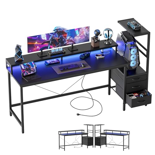 Mericonia 60 inch Gaming Desk with Drawers, Reversible Computer Desk, Black - color: Black, size: 60"