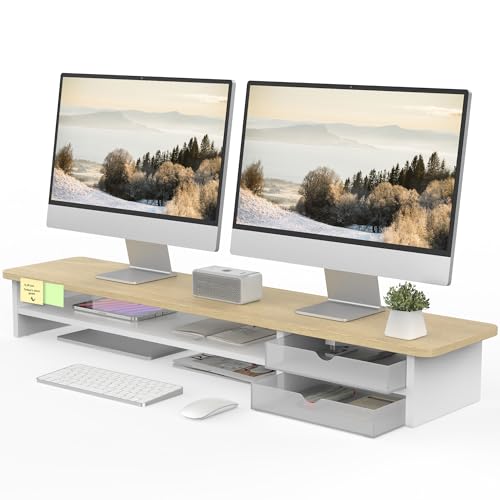 Fenge Monitor Stand, Dual Monitor Riser, 42.5inch Large Desk Computer Monitor Stand Riser with Drawer, 2 Tier Wood & Acrylic Desktop Organizer for Computer, Laptop, Printer, TV Screen Riser - color: Oak