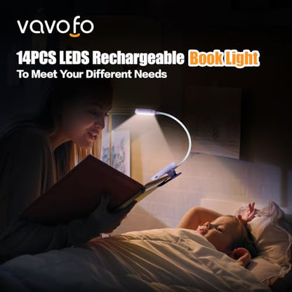 VAVOFO Rechargeable Book Light, 14 LEDs Eye Care Clip On Amber Reading Light for Bookworms Reading in Bed with 9 Colors 9 Brightness (Purple) - color: Purple