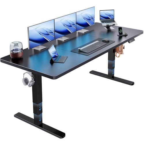 HUANUO 70x30 Inch 3-Stage Legs Electric Standing Desk, Large Height Adjustable Office Desk with Brushless Motor, Stand Up Desk with 4 Memory Presets & 2 Hooks, Computer Desk for Home Office, Black - color: Black, size: 70" X 30"