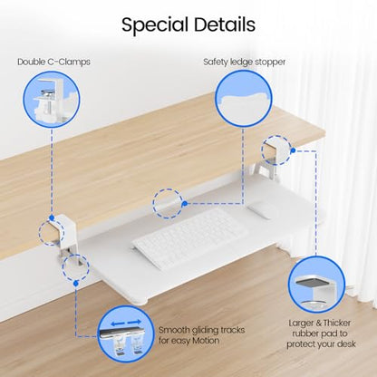 NearHub Large Keyboard Tray Under Desk Slide Out with Extra Sturdy C Clamp Mount System,26'' (30'' including Clamps) x11 Slide-Out Keyboard Drawer Under Desk for Typing,Keyboard Mouse Tray,White