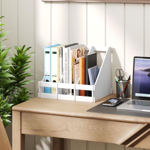 Bamboo Desk File Organizer, 3-Compartment Magazine Holder(White) | 3 vertical compartments organize files, folders, magazines and mail while saving valuable desk space. - color: White