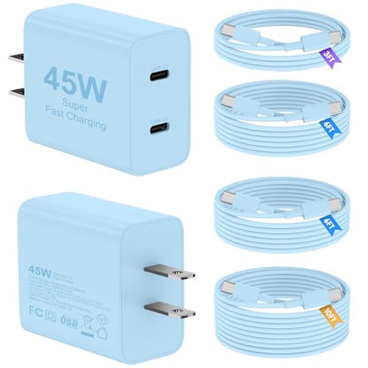45W iPhone 17 16 15 Charger Fast Charging, 2 Pack Dual Port USB C Charger - color: Blue, size: 2pack-(3+6+6+10)ft