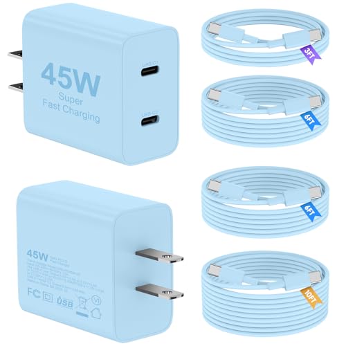 45W iPhone 17 16 15 Charger Fast Charging, 2 Pack Dual Port USB C Charger - color: Blue, size: 2pack-(3+6+6+10)ft