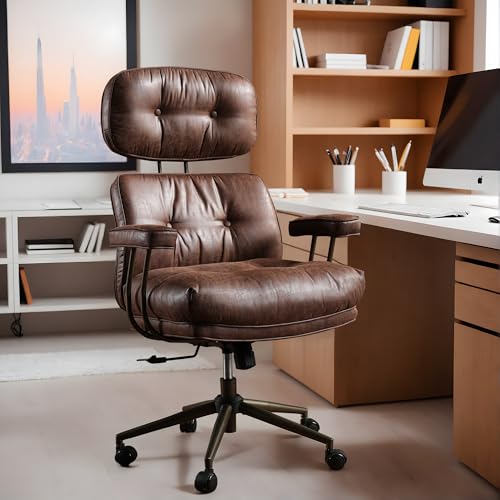 High Back Executive Office Chair with Comfortable Deep Seat,Brown Mid Century Modern Office Chairs,Ergonomic Big and Tall Computer Desk Chair with Lumbar Support(Dark Brown Suede) - color: Dark Brown,suede Fabric, size: Big High Back