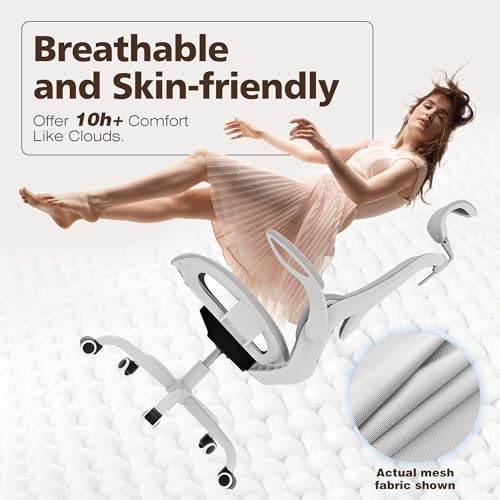 Ergonomic Mesh Office Chair- White Desk Chair, Flip-Up Armrest, Adjustable Headrest, Tilting with Soft Seat and PU Wheel, Elite Home Desk Chair for Work, Study, Gaming (GY1108) - color: White Mesh