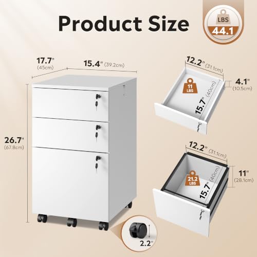 DEVAISE 3 Drawer Wood File Cabinet with Individual Locks, White - color: White