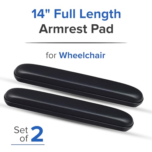 AlveyTech Heavy Duty Black 14" Full Length Padded Vinyl Armrest Pad for Wheelchair (Set of 2) - Replacement Comfortable Pads with Four Mounting Screws for Invacare & Drive Medical Wheelchairs