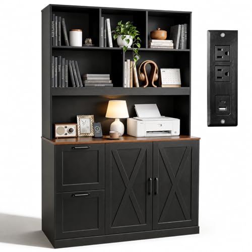 NORTHSKY 72'' Tall Bookshelf with Power Outlet, 2 Drawer File Cabinet for A4 Hanging Files, 3-Tier Open Shelves & Closed Storage Cabinets, Multifunctional Printer Stand - Black