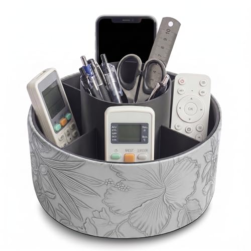 Round Leather Art Supply Organizer,Remote Control Holder,360 Degree Spinning,Multi-Functional Pencil Holder,5 Compartments Desktop Stationary Organizer(1-Carved Grey) - color: 1-9Carved Grey, size: 360 Degree Rotation