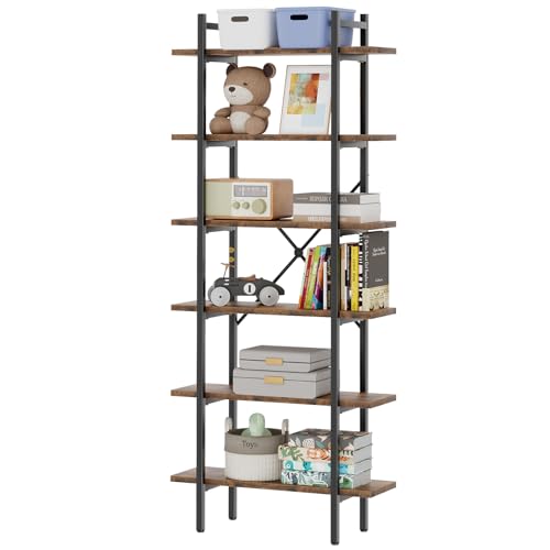 6 Tiers Bookshelf Organizer Industrial Tall Shelving, Modern Open Bookcase - color: Rustic Brown, size: 6-Tiers