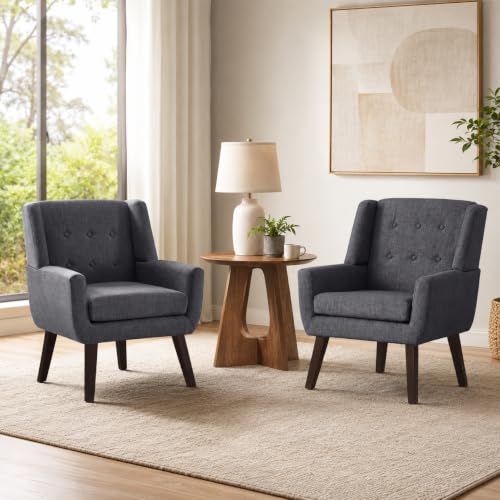 HUIMO Living Room Chairs Set of 2,Upholstered Button Linen Accent Chair | Mid Century Fabric Modern Armchair,Comfy Arm Club Sofa Chairs for Living Room Reading Bedroom,Waiting Room Dark Grey 2PCS - color: Grey