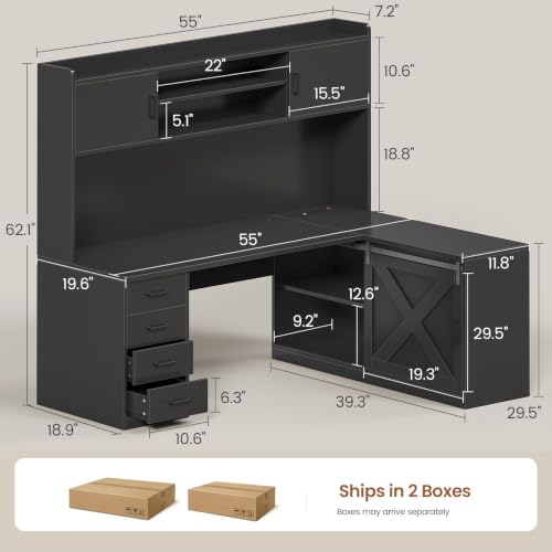 SEDETA Farmhouse L Shaped Gaming Desk, 55” Corner Computer Desk with Storage Drawers and Hutch, Corner Gaming Desk with LED Light and Power Outlet for Home Office, Black - color: Black, size: 55 inches
