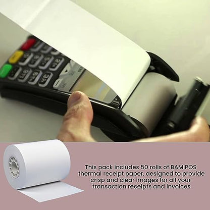 BAM POS Thermal Receipt Paper - BPA Free, Shrink Wrapped Rolls - Compatible With Clover Mini, Mobile, First Data FD130, FD50, FD55, Verifone Omni 3200, 3210, 3300 - Pack of 50 Rolls